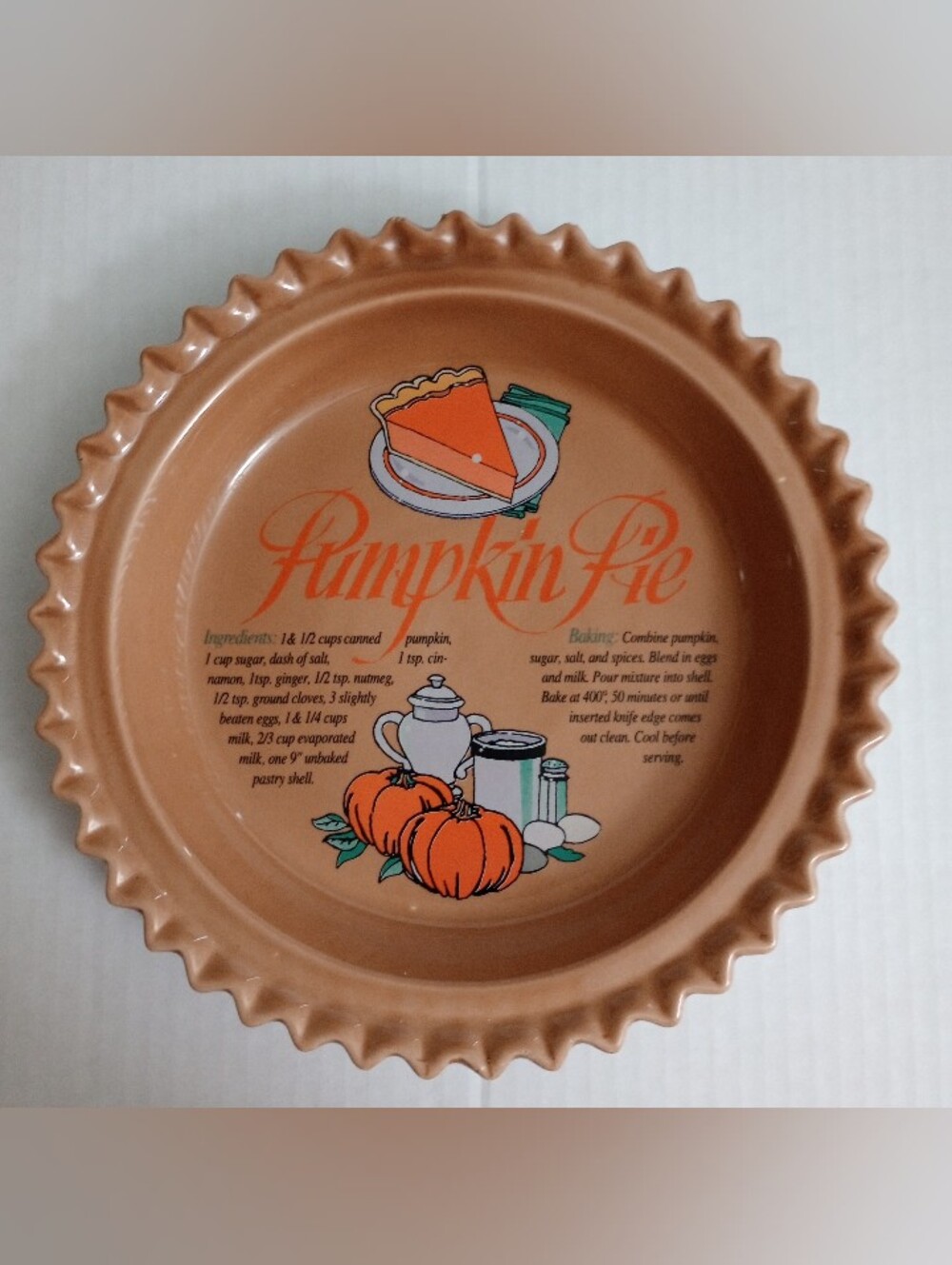 Universal Trumps Corp Ceramic Pumpkin Pie Recipe Plate Vintage Autumn